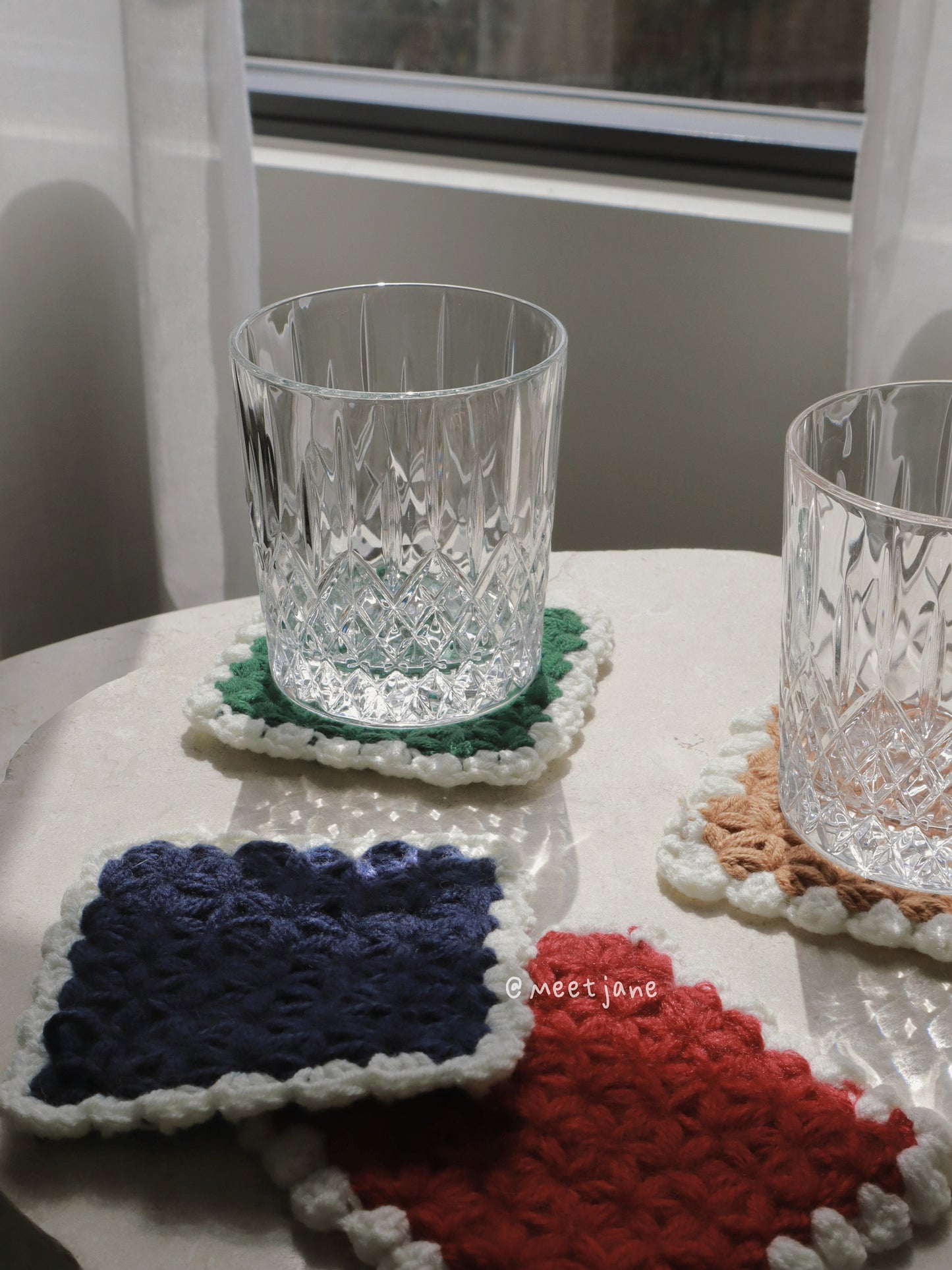 Hand Crocheted freesia coasters|vintage colours coasters|vintage crocheted coasters|freesia pattern