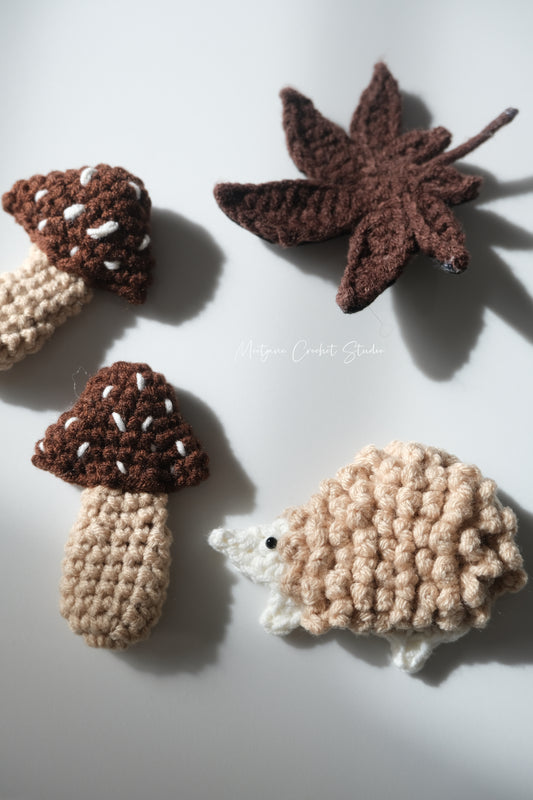 Crochet accessories|Gift for her|Autumn Fairytale Brooch Set|Mushroom,Hedgehog&Maple Leaf|set of 4