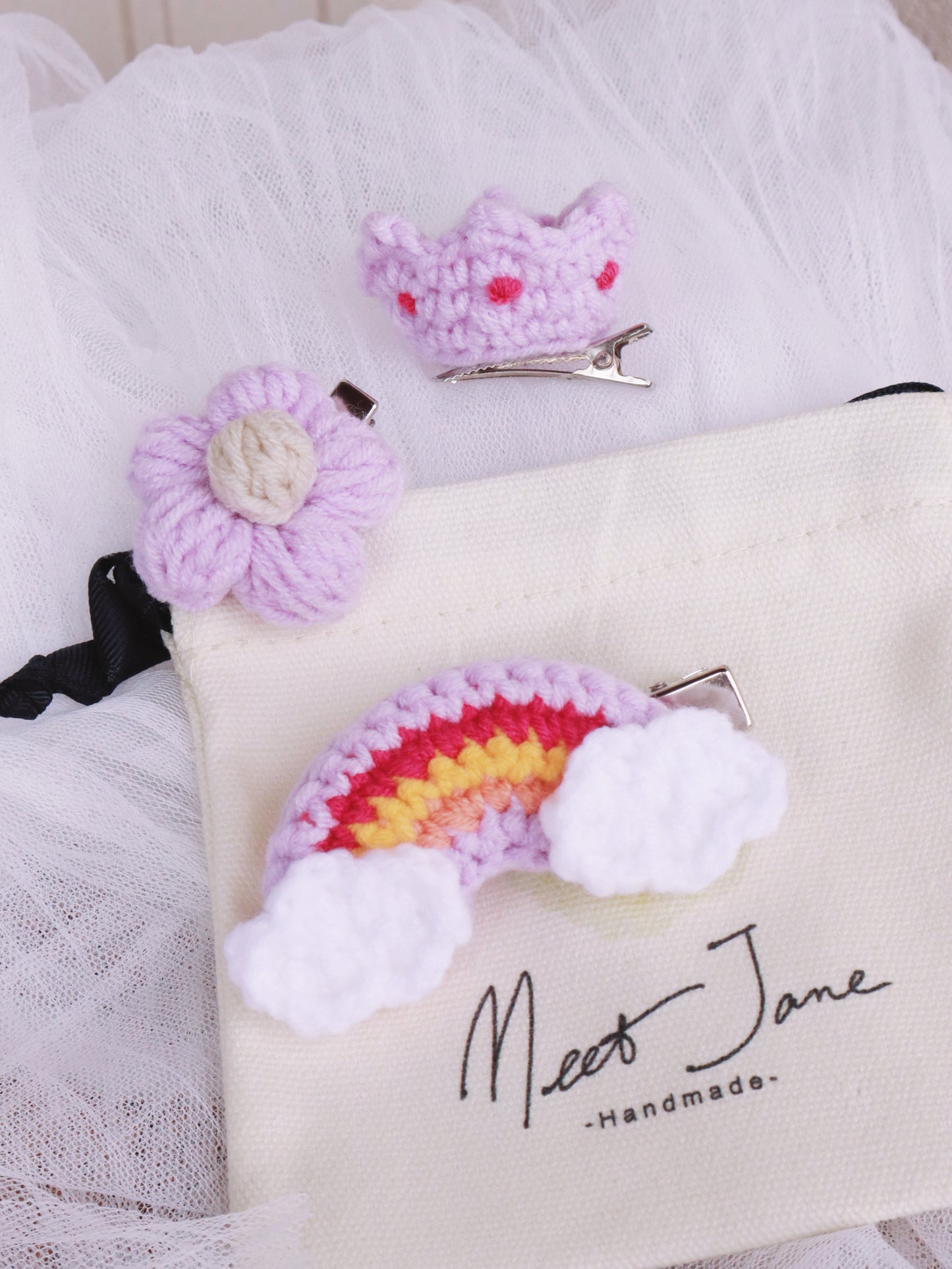 Crochet Accessories|Melbourne | Hair clips|CROWN+FLOWER+RAINBOW|gift set